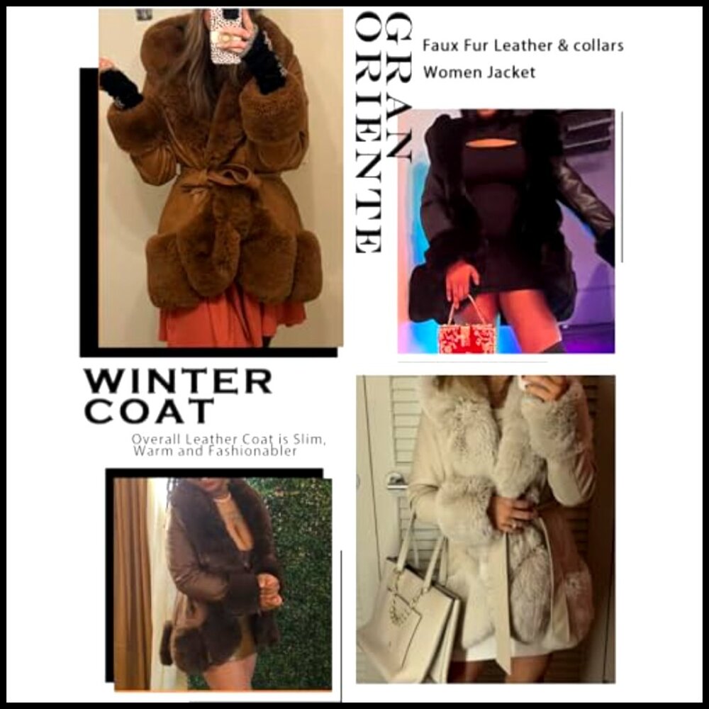 Faux Leather Coat with Faux Fur Collar Slim Fit Belted Mid Length Hooded Jacket - Picture 5 of 6